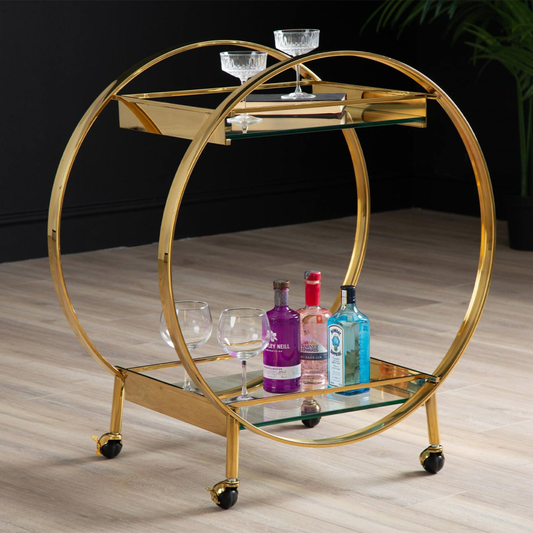 Gold Metal and Clear Glass Drinks Trolley