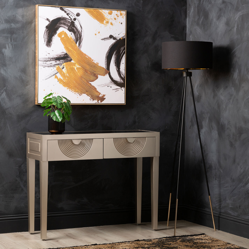 2 Drawer Console Table Gold with Gold Mirror Top and Silver Handles