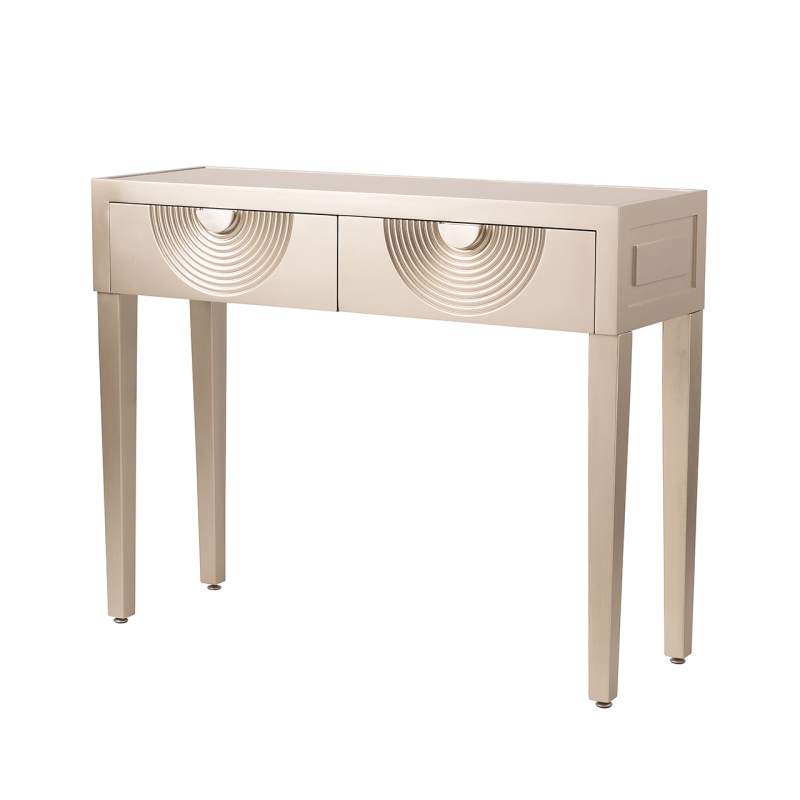 2 Drawer Console Table Gold with Gold Mirror Top and Silver Handles
