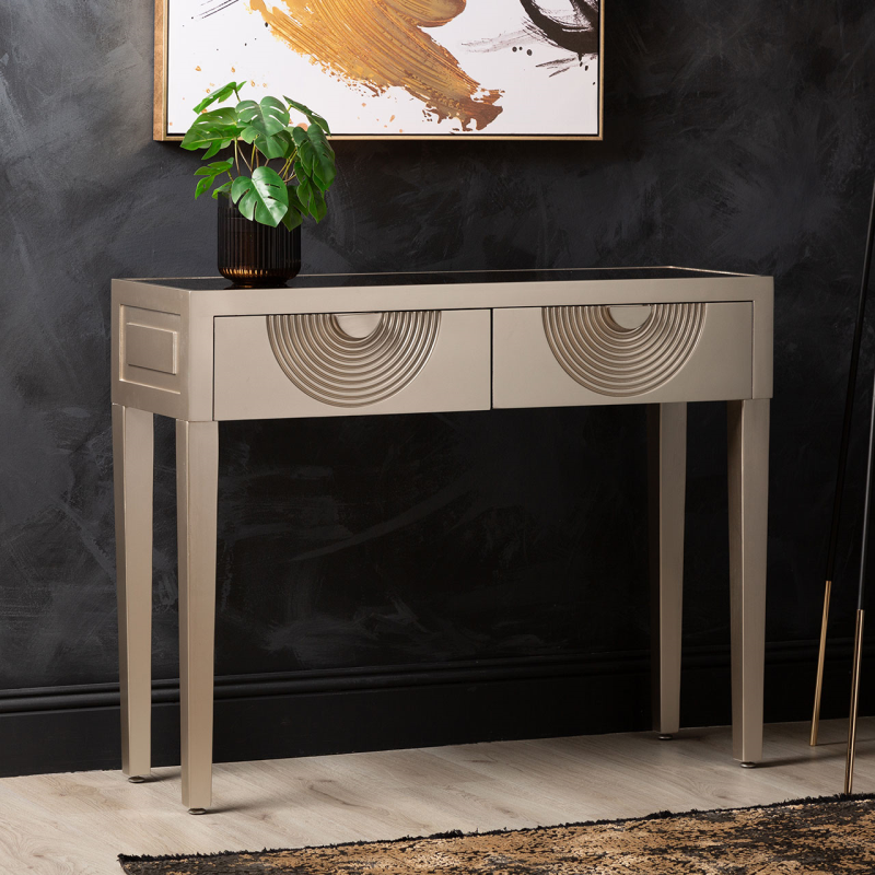 2 Drawer Console Table Gold with Gold Mirror Top and Silver Handles