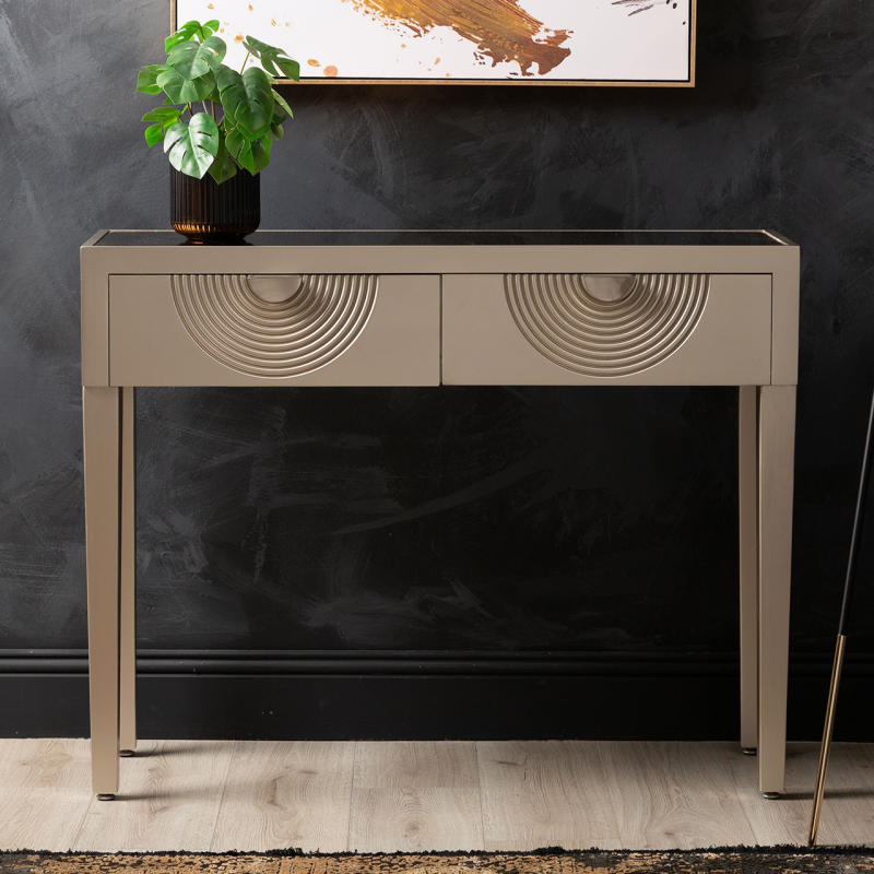 2 Drawer Console Table Gold with Gold Mirror Top and Silver Handles