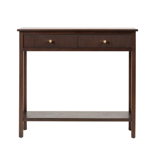 Walnut Brown 2 Drawer Console Table with Gold Handles