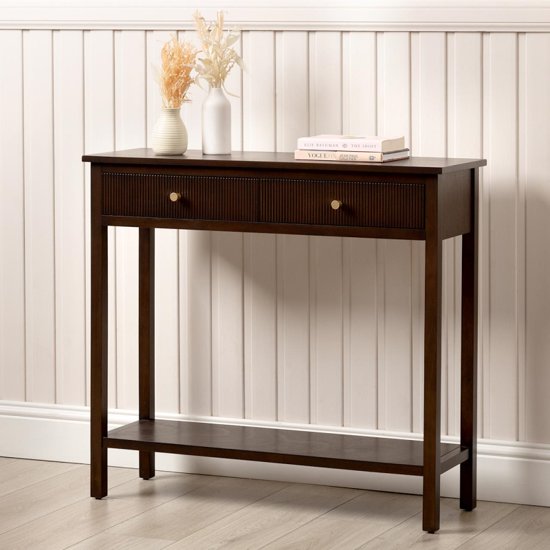 Walnut Brown 2 Drawer Console Table with Gold Handles