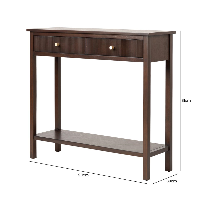 Walnut Brown 2 Drawer Console Table with Gold Handles