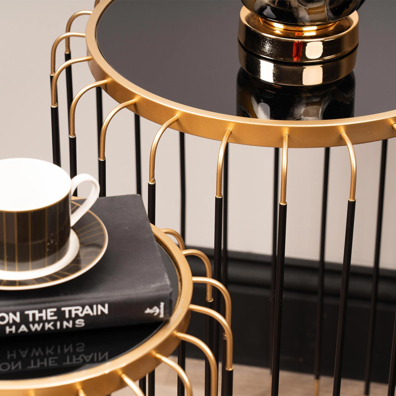 Set of 2 Black and Gold Metal with Black Mirror Top Nesting Tables