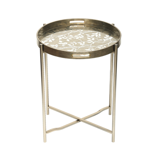 Champagne End Table with Leaves Design Glass Table Top