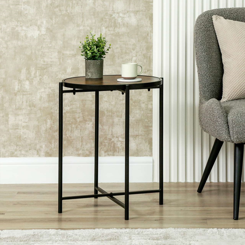 Black Metal End Table with Brown Wooden Top