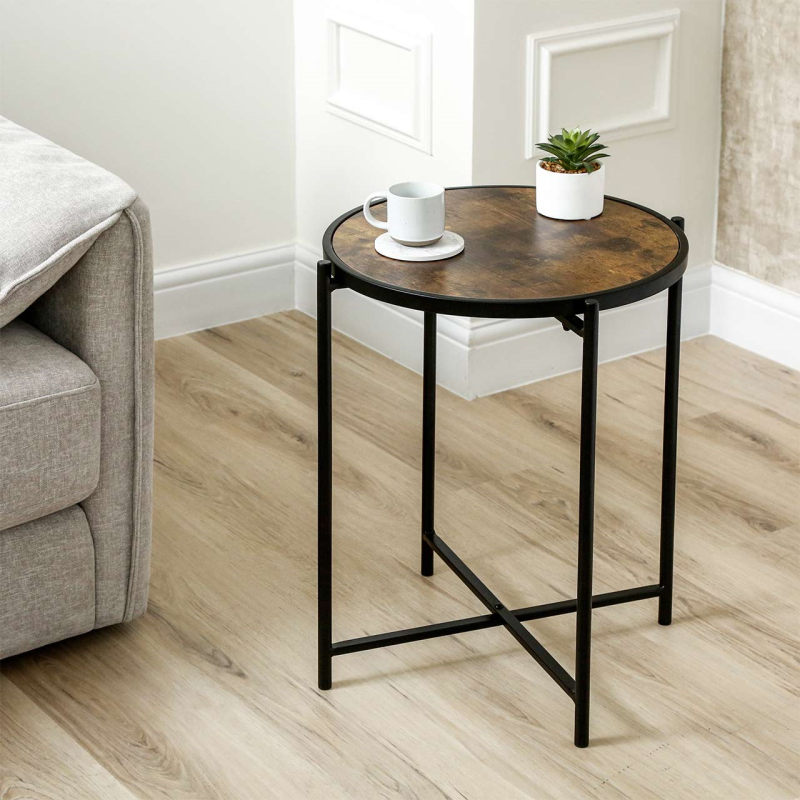 Black Metal End Table with Brown Wooden Top