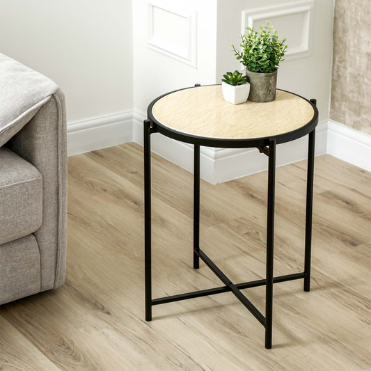 Black Metal End Table with Travertine Marble Top