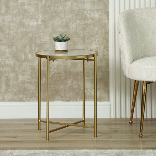 Gold Metal End Table with White Marble Top