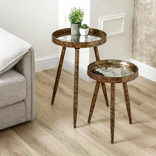 Set of 2 Antique Gold and Mirror Top Nesting Table