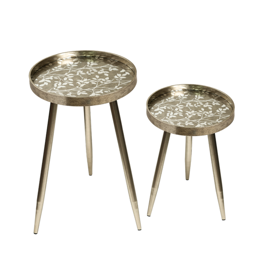 Set of 2 Champagne Nesting Table with Leaves Design KD Legs