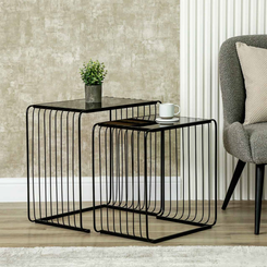 Set of 2 Black Metal with Black Glass Top Nesting Table