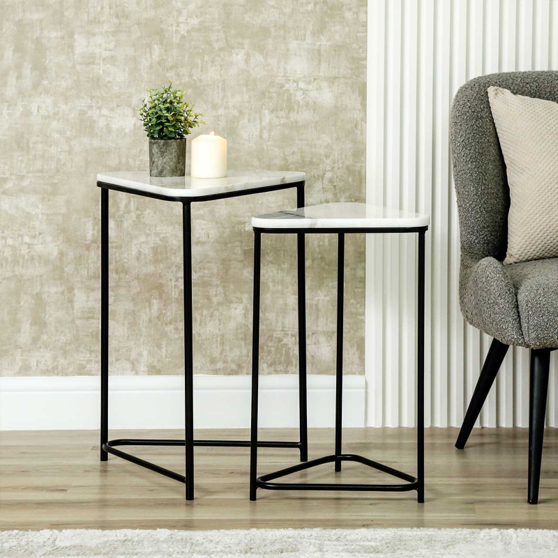 Set of 2 Black Metal Nesting Table with White Marble Top