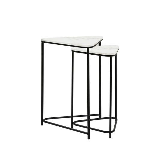 Set of 2 Black Metal Nesting Table with White Marble Top
