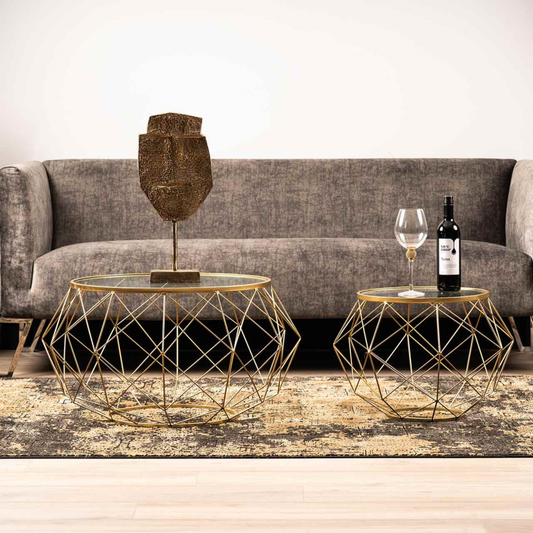 Set of 2 Gold Metal Mesh Coffee Table with Glass Top