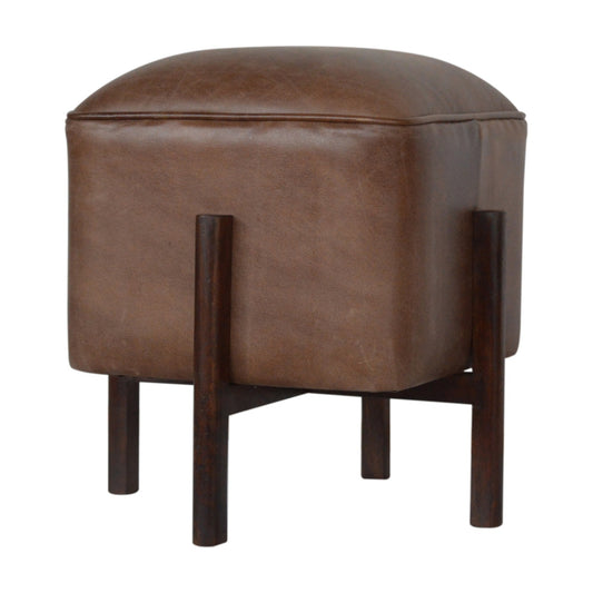 Cubic Footstool with Solid Wood Legs in Brown Leather