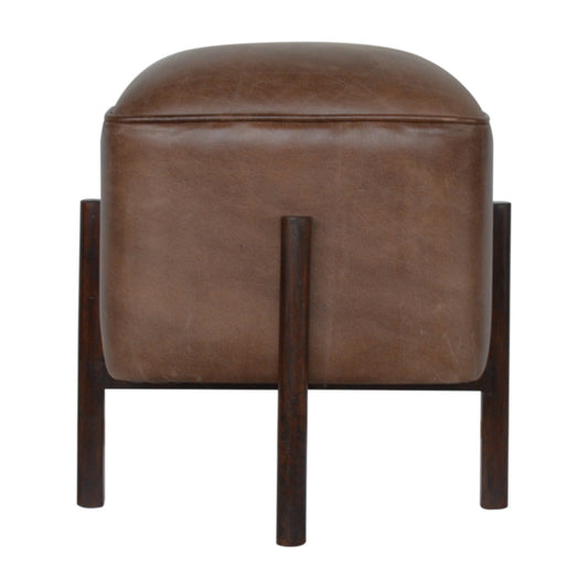 Cubic Footstool with Solid Wood Legs in Brown Leather