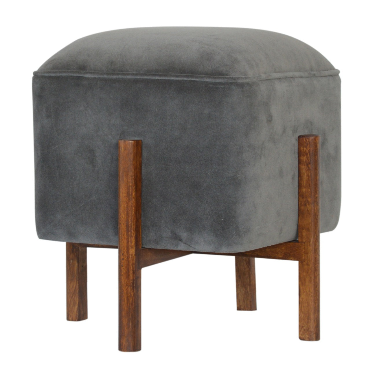 Cubic Footstool with Solid Wood Legs in Grey Velvet
