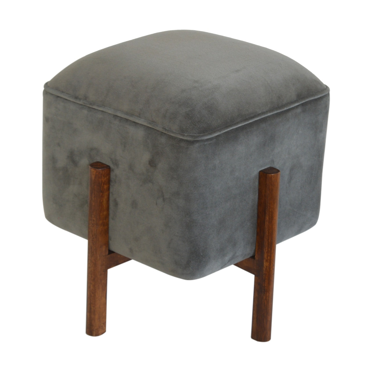 Cubic Footstool with Solid Wood Legs in Grey Velvet