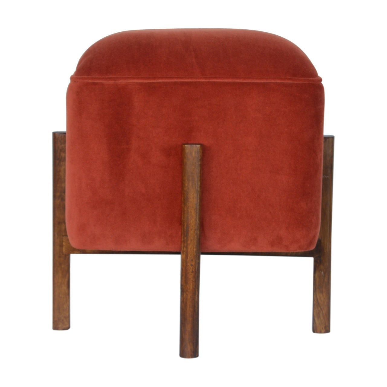 Cubic Velvet Footstool with Solid Wood Legs in Brick Red