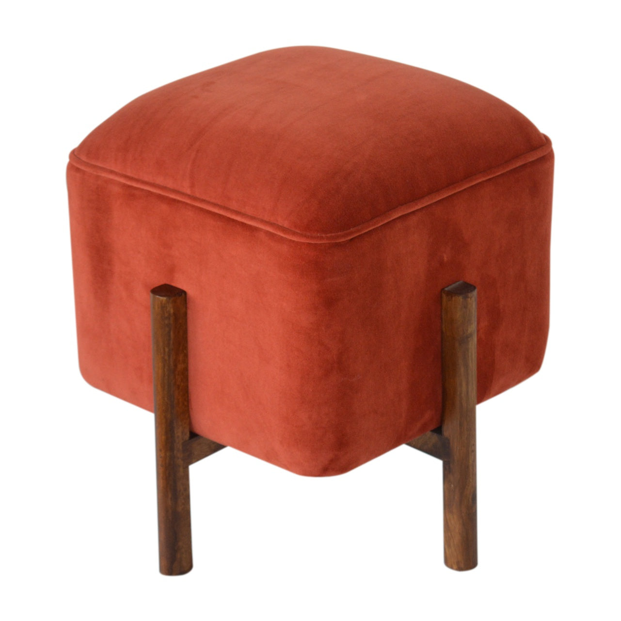 Cubic Velvet Footstool with Solid Wood Legs in Brick Red