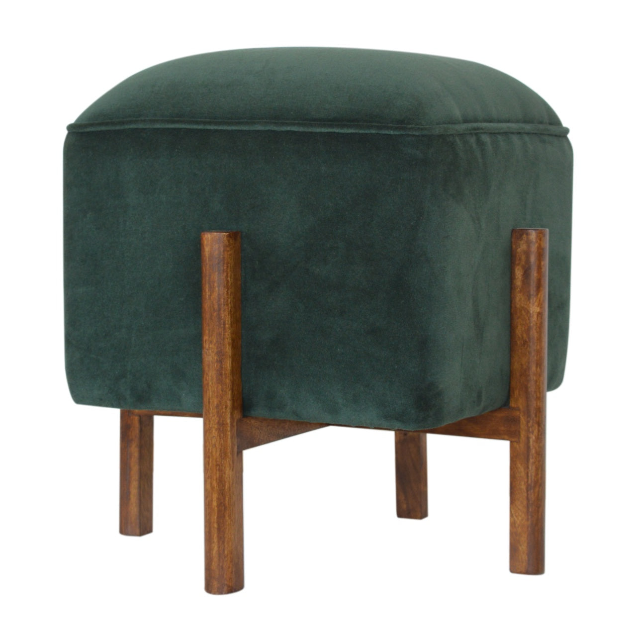 Cubic Footstool with Solid Wood Legs in Emerald Velvet