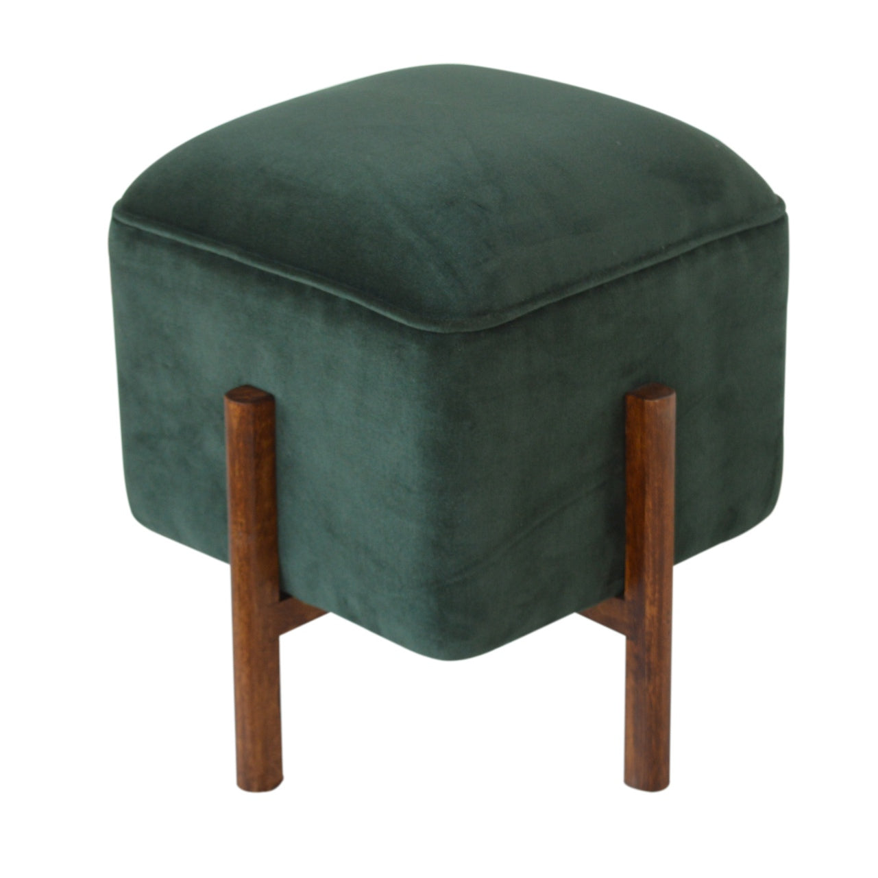 Cubic Footstool with Solid Wood Legs in Emerald Velvet