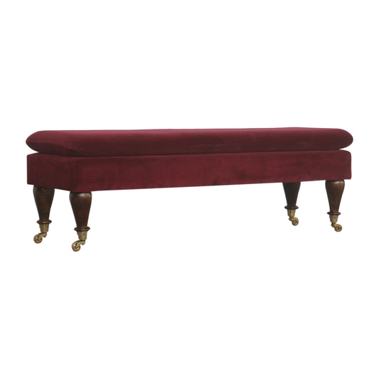 Chester Wine Red Velvet Bench with Castor Feet