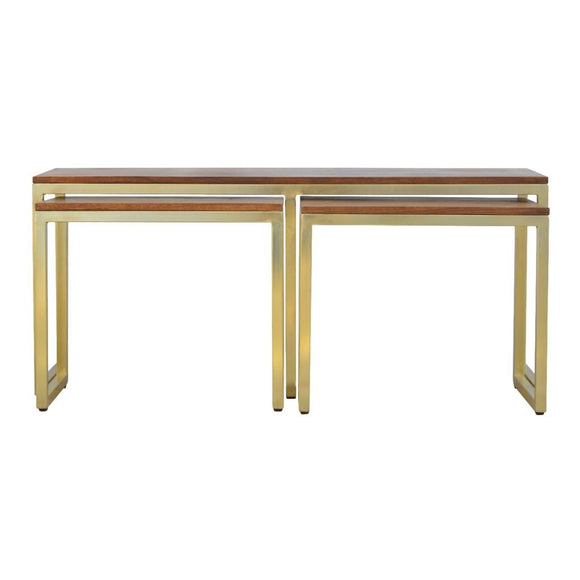 Set of 3 Solid Wood & Iron Gold Base Table
