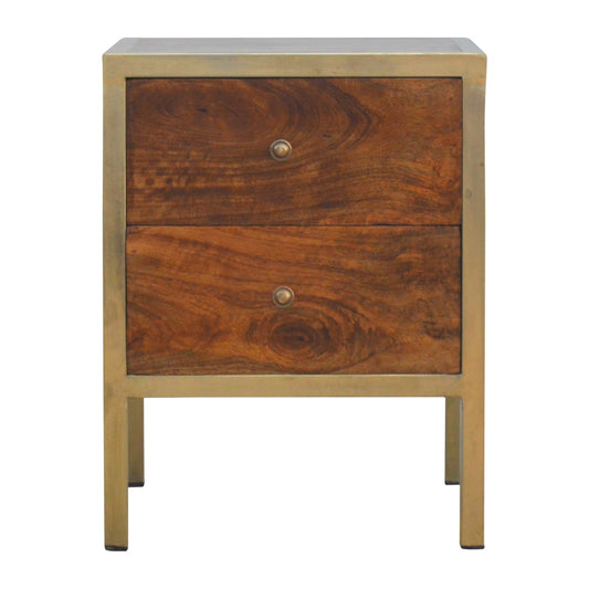 Chestnut Bedside with Gold Iron Frame