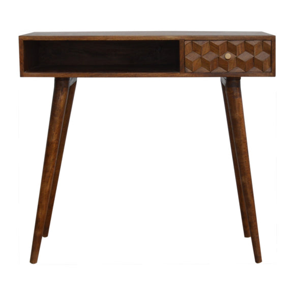Chestnut Writing Desk with Carved Cube Details