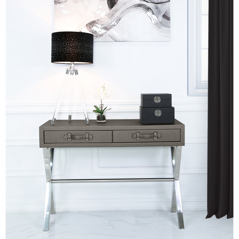 Pete Stainless Steel Faux Leather 2 Drawer Console Table
