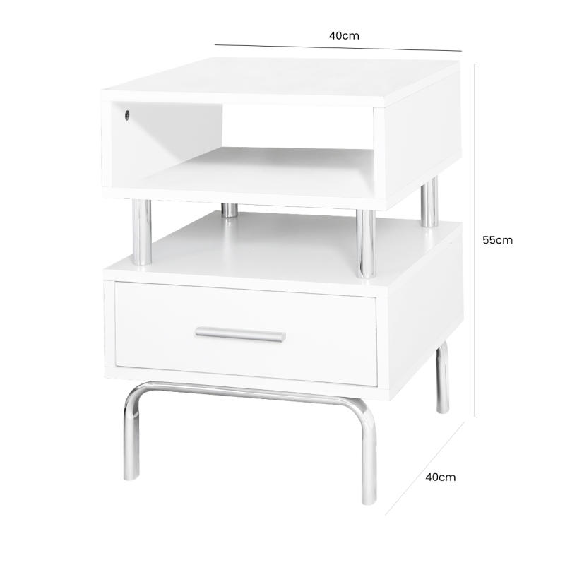 Vicky White and Chrome Bedside Table