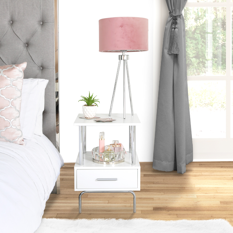 Charly White and Chrome Bedside Table